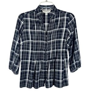 St John's Bay Petite Small Black White Plaid Pintuck 3/4 Sleeve Cotton Blouse